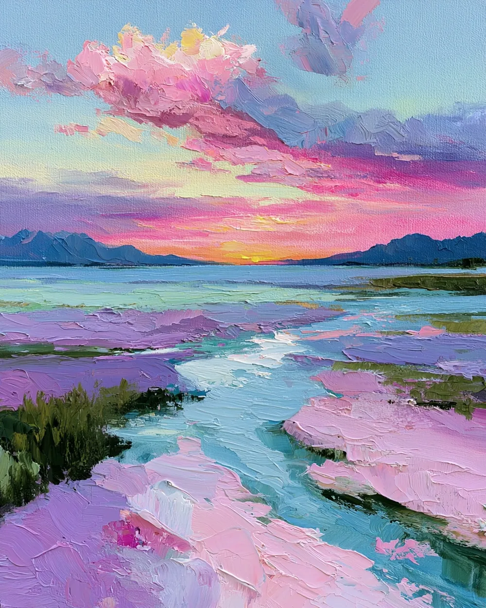 Lavender Paradise: an oil painting of a lavender field at sunset